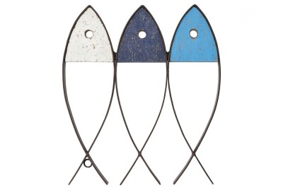 Carta da parati a forma di pesce, design moderno e realizzata in legno e metallo, blu, bianco e grigio.